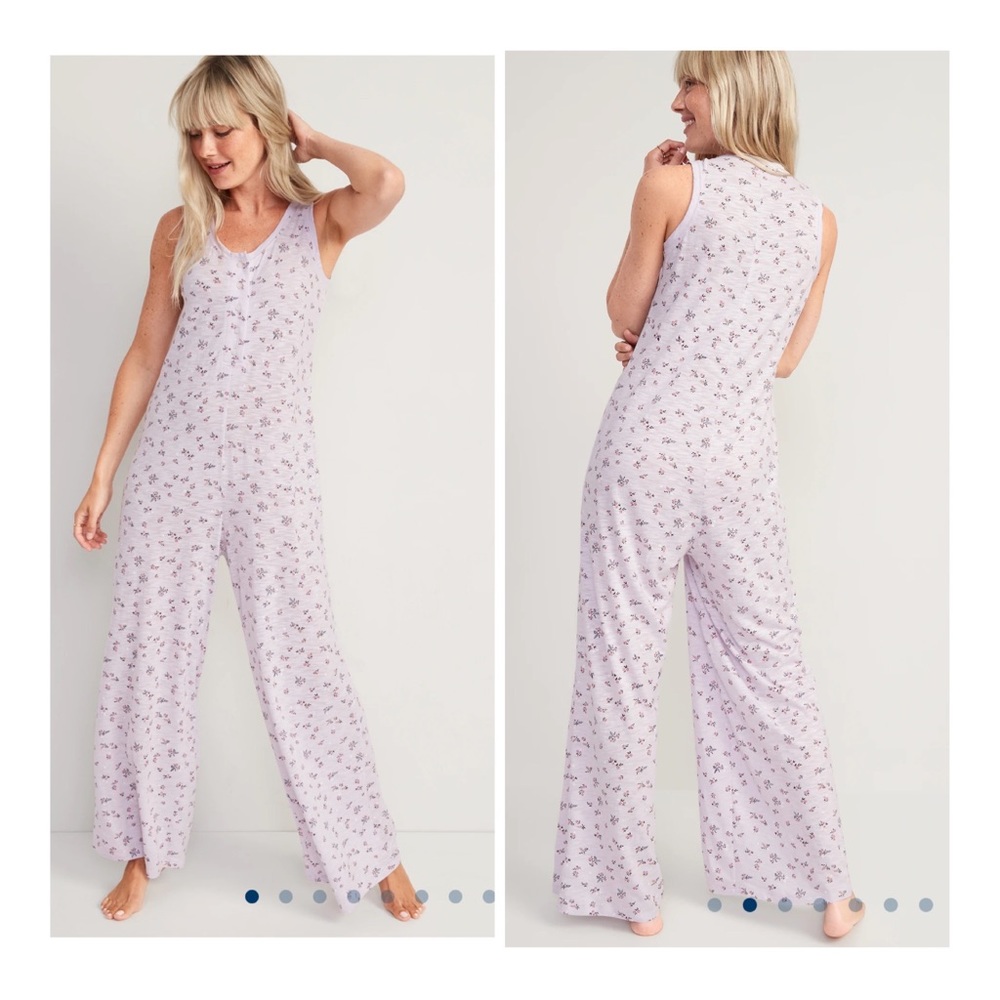 Sleeveless Sunday Sleep Floral Slub-Knit Henley Jumpsuit for Women